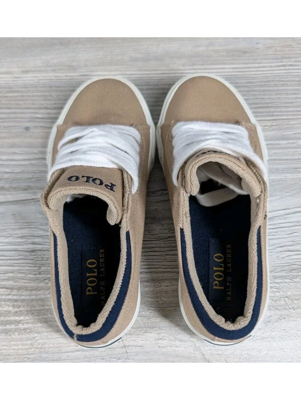 Polo Ralph Lauren Toddler 12 Tan Canvas Lace Up Sneakers Casual Shoes Kids Beige